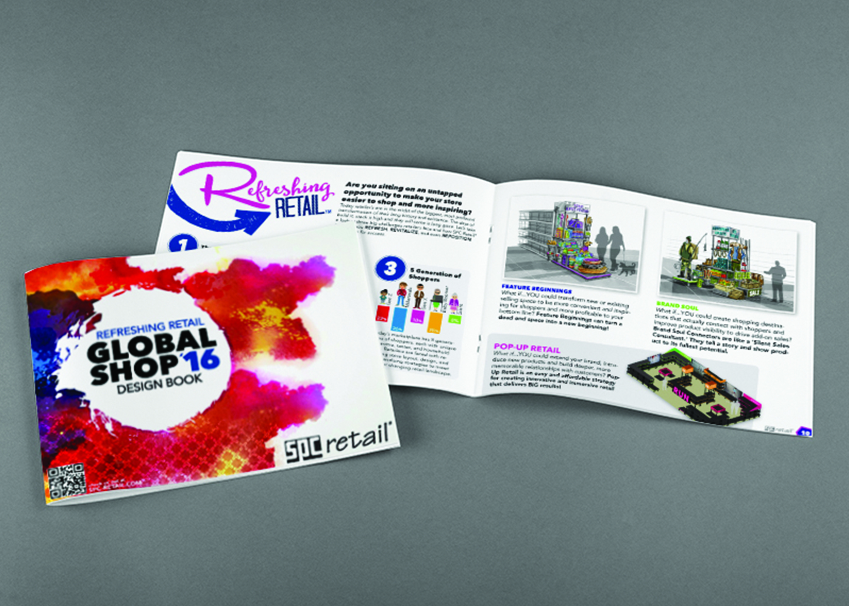 Multiple copies of the 2016 Global Shop Design Book spread out on a table