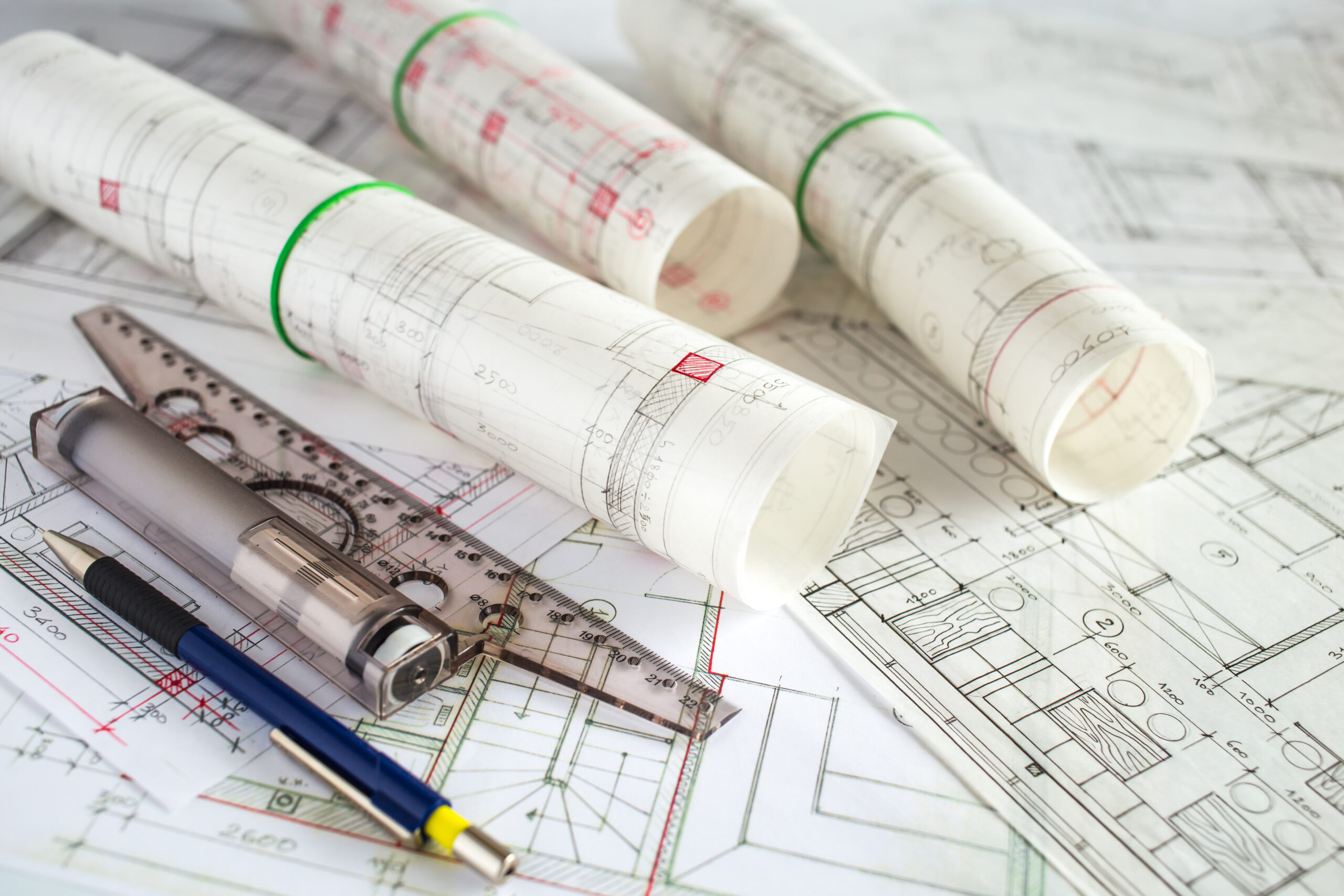 Floor plans on desk