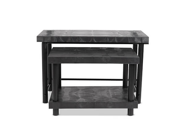 Nesting table set with shelf front view.