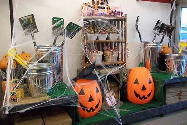 Seasonal retail display for Halloween in a hardware store