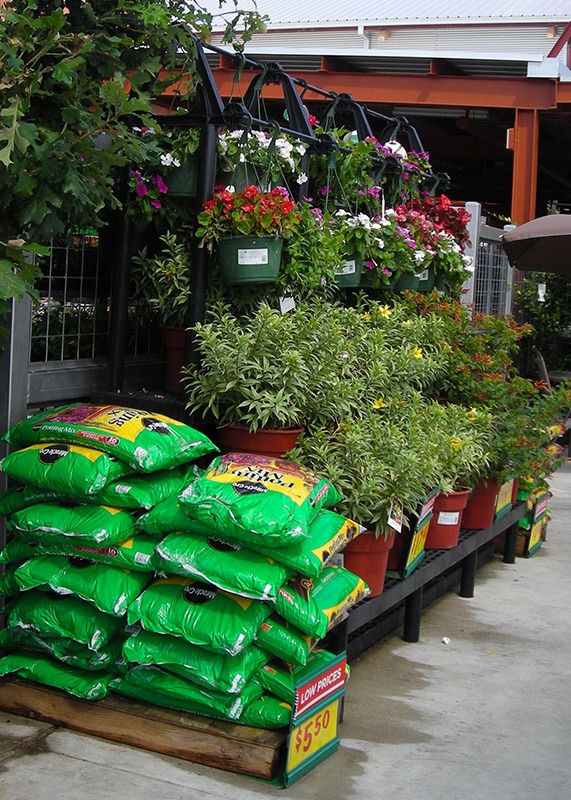 Stepped, exterior gardening display with hanging rack.