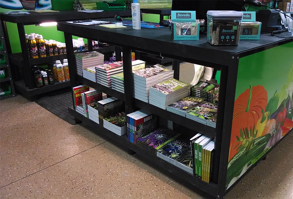 hydro grow under counter plastic display at a plant nursery